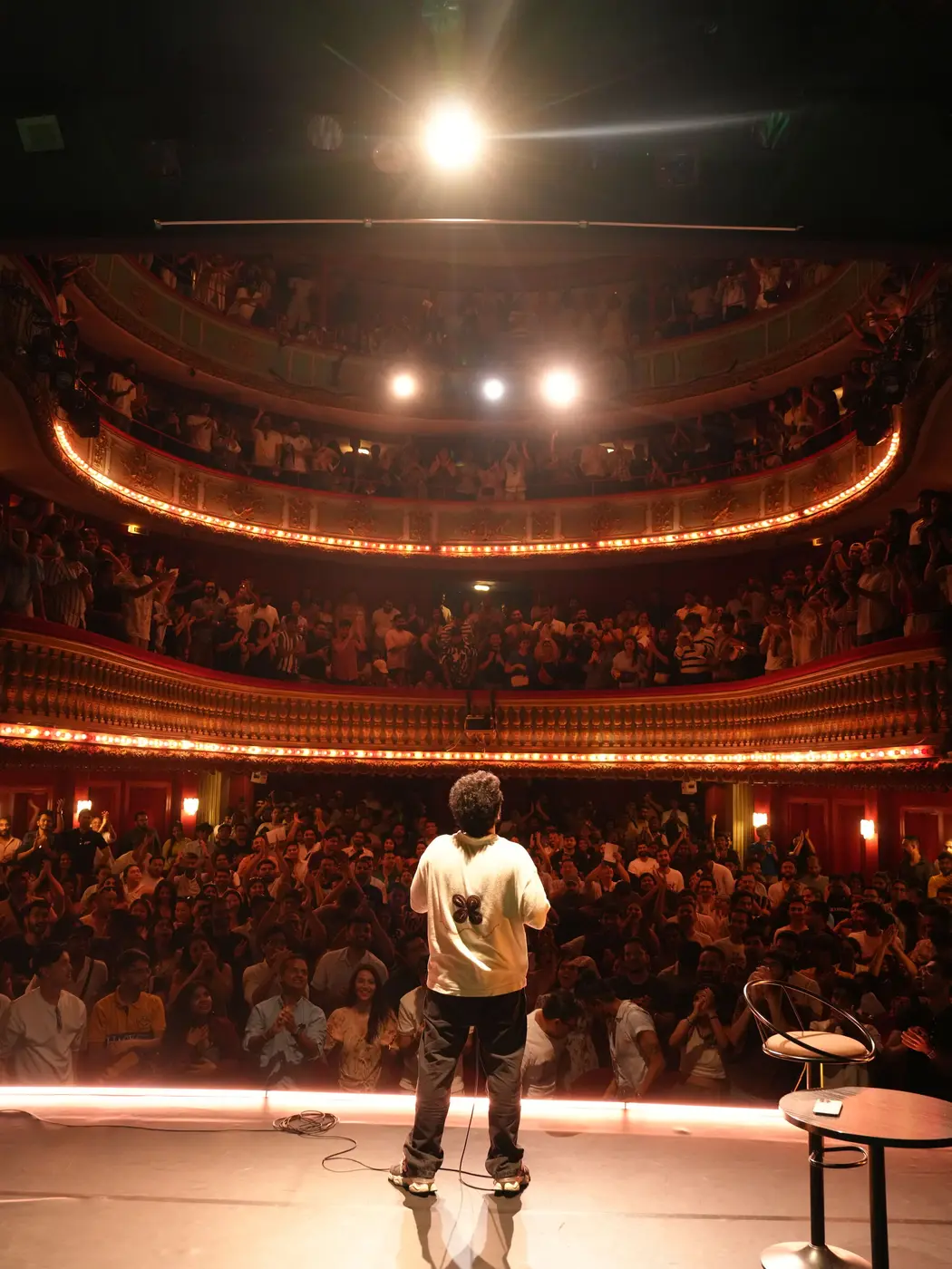 A comedian seen from behind, facing a full theatre