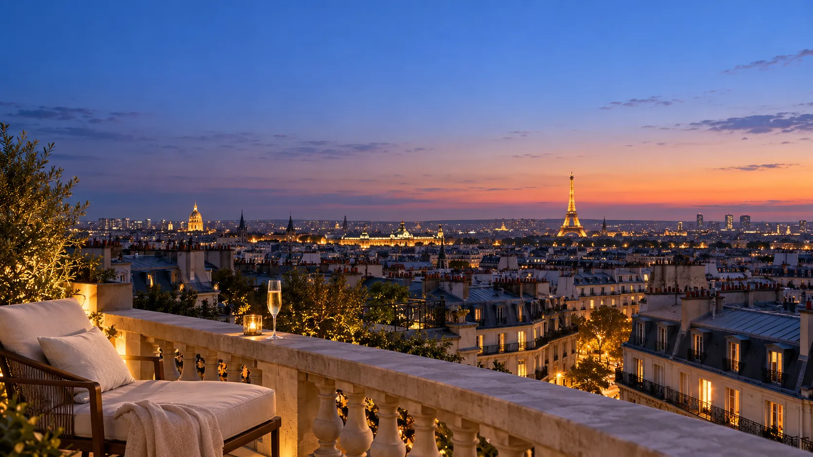The rooftops of Paris at dusk, seen from a private terrace