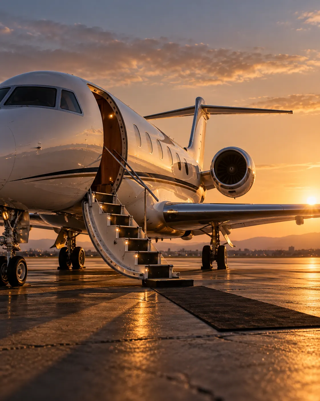 A private jet on the tarmac at sunset, stairs down