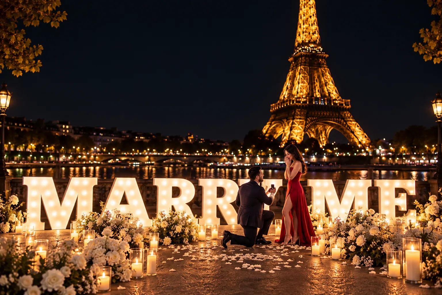 A candlelit marriage proposal in front of the Eiffel Tower at night