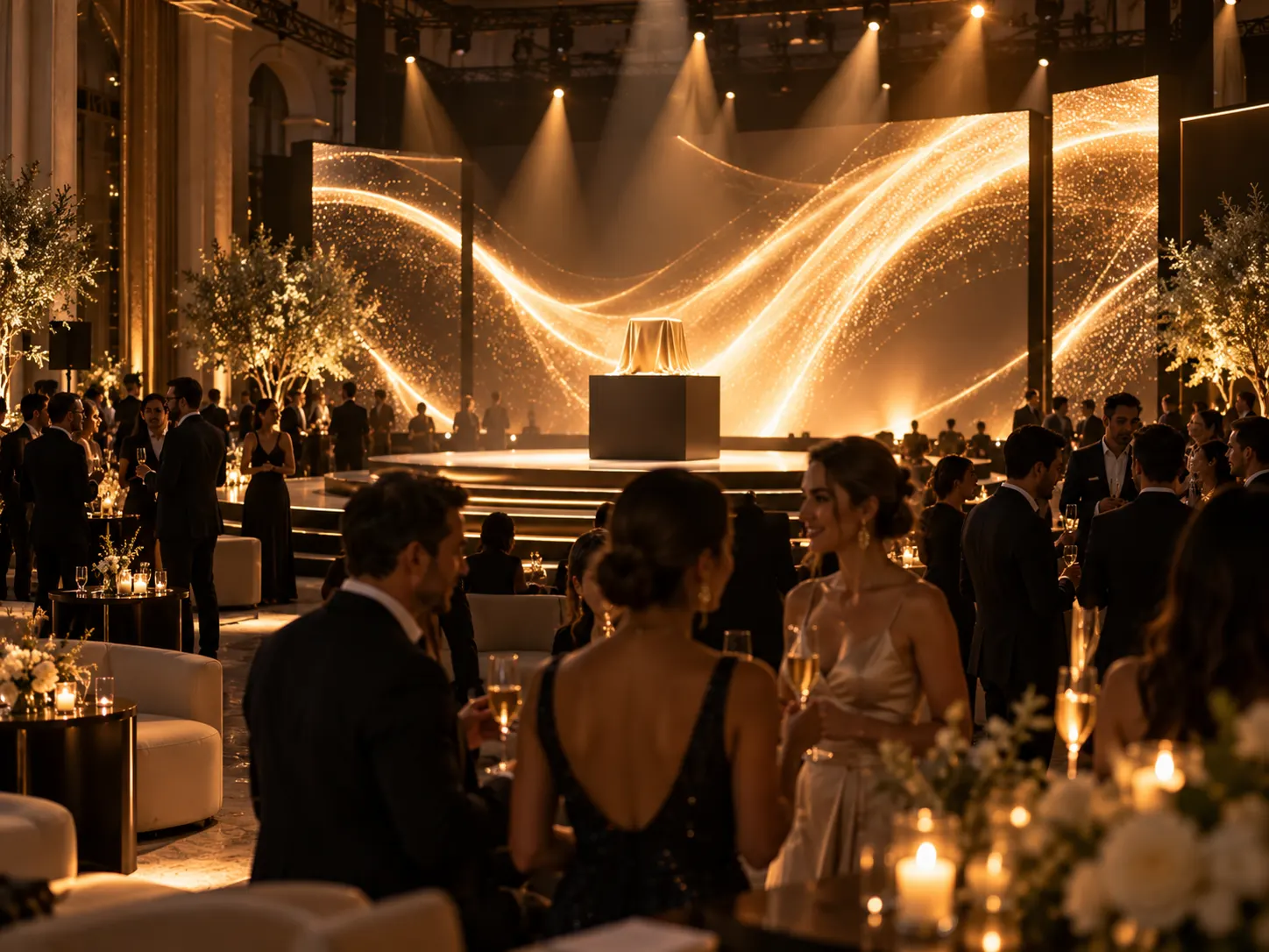 Guests with champagne at a brand launch in front of a glowing gold LED stage